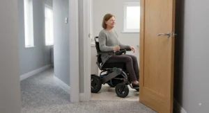 Indoor electric wheelchair with a tight turning radius making a sharp turn into a standard bathroom doorway