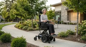 Illustration of a seat elevation power wheelchair navigating smoothly along a sidewalk outdoors.