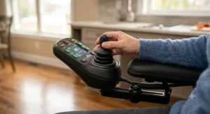 Close-up diagram of a responsive joystick controller on an ergonomic indoor power wheelchair