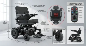 Diagram showing the key dimensions, turning radius, and features of an indoor power wheelchair