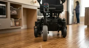 Front view of an indoor power wheelchair with non-marking tires resting on hardwood flooring