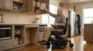 Indoor power wheelchair with an elevating seat helping user reach upper kitchen cabinets