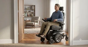 Illustration of a user driving a tilt and recline power wheelchair smoothly through a residential doorway.