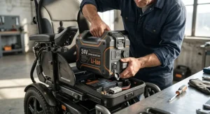 User installing a lithium ion power wheelchair battery into the battery tray