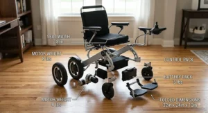 Illustration breaking down the modular parts of a lightweight compact power wheelchair.