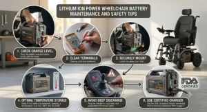 Illustrated guide on proper care, storage, and maintenance for a lithium ion power wheelchair battery
