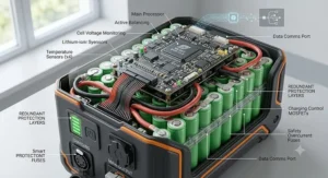 Internal diagram of a smart battery management system in a lithium ion power wheelchair battery