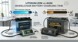 Diagram showing fast charging time of lithium ion wheelchair batteries compared to standard AGM battery charge cycles