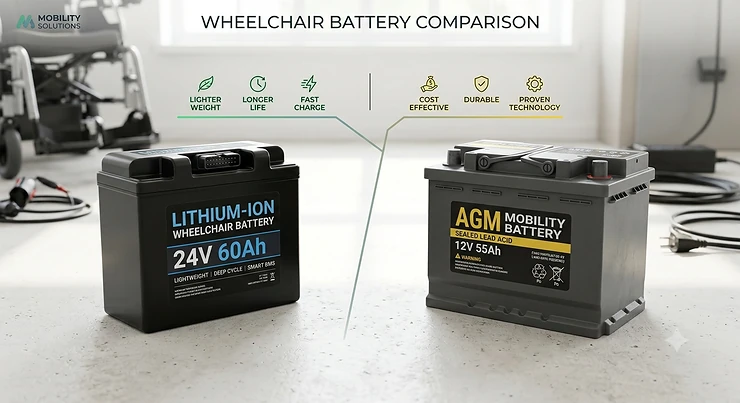 Comparison banner illustrating a lithium ion power wheelchair battery next to a traditional AGM mobility battery. lithium ion vs AGM wheelchair battery