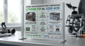 Comparison chart showing weight and lifespan benefits of a lithium ion power wheelchair battery versus lead acid