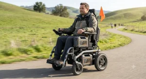 Motorized wheelchair user riding outdoors using a long-range lithium ion power wheelchair battery