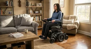 Mid-wheel drive indoor power wheelchair demonstrating a tight turning radius in a living room