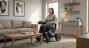 Mid-wheel drive electric wheelchair performing a zero-turn radius pivot near a living room coffee table