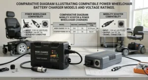 Comparative diagram illustrating compatible power wheelchair battery charger models and voltage ratings.