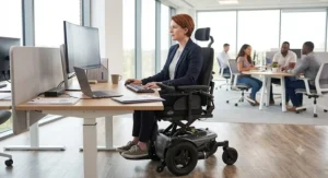 Professional working efficiently at an office desk in a motorized elevating power wheelchair.