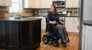A narrow motorized wheelchair demonstrating a tight turning radius around a kitchen island.