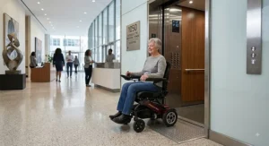 Woman using a narrow power wheelchair to enter a modern office building elevator.
