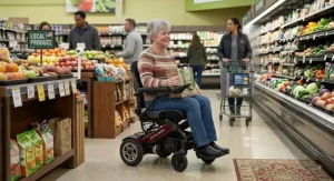 Shopper driving a narrow power wheelchair through a busy grocery store aisle.
