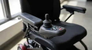 Close-up of the ergonomic joystick controller on a narrow power wheelchair armrest.