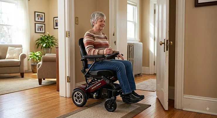 Compact narrow power wheelchair easily maneuvering through a standard residential doorway.