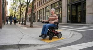Person riding a narrow power wheelchair along an accessible city sidewalk curb ramp.
