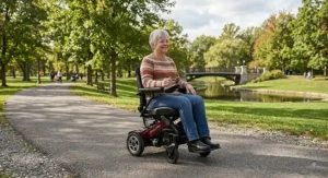 Person enjoying an outdoor park path in a lightweight narrow power wheelchair.