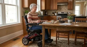Narrow power wheelchair pulled up comfortably to a kitchen dining table.