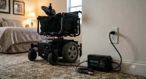 A power wheelchair parked near a bedroom wall charging safely overnight using an off-board charger.
