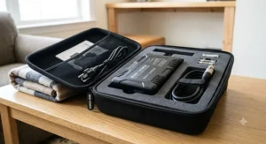 A compact lithium power wheelchair battery charger stored neatly inside a travel carrying case.