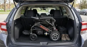Foldable narrow power wheelchair stowed neatly inside an SUV trunk for travel.