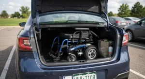 A lightweight power wheelchair for tight spaces folded up in the trunk of a car.