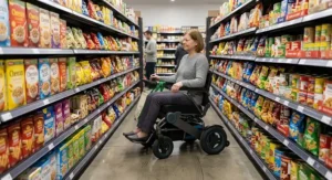 Person using a portable power wheelchair with small turning radius to turn down a narrow grocery store aisle