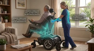 Illustration depicting reduced physical strain for caregivers operating a power tilt-in-space wheelchair.