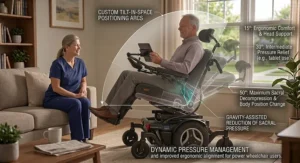 Diagram showing custom tilt-in-space seat angle options and ergonomic benefits for power wheelchair users.