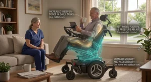 An illustration showing a person enjoying daily activities with increased comfort in a power tilt wheelchair.