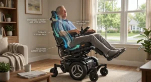 Diagram illustrating proper posture support and spinal alignment provided by a power tilt wheelchair.