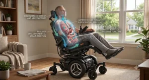 Medical illustration showing how tilt-in-space positioning aids breathing and digestion for power wheelchair users.