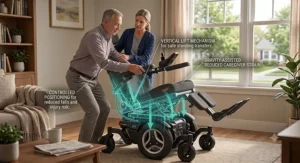 An illustration showing safe standing transfers and repositioning assistance using a tilt power wheelchair.