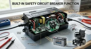 Diagram showing the built-in circuit breaker safety feature on an off-board power wheelchair battery charger.