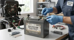 Clearing corrosion from wire connectors on a sealed lead acid power wheelchair battery using a brush.