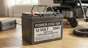 Close-up of a 12 volt 35Ah deep cycle power wheelchair battery label showing specifications and terminal posts.