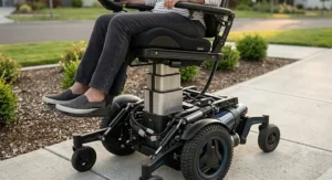 Detailed illustration highlighting the base and stabilizing frame of a seat elevation power wheelchair.