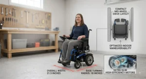 Illustration highlighting the slim overall width and compact base dimensions of a power wheelchair made for tight spaces.