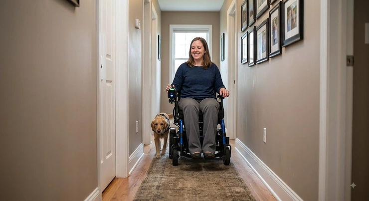 A compact power wheelchair for tight spaces navigating a narrow home hallway.