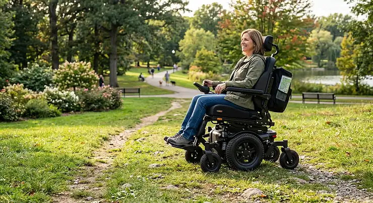 All-terrain power wheelchair with high ground clearance parked on a grassy trail in a public park.