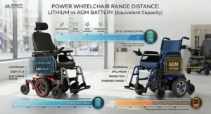 Illustration comparing travel range per charge between lithium ion and AGM batteries on an electric power wheelchair