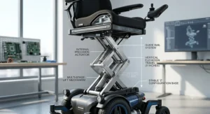 Diagram illustrating the smooth vertical seat elevation mechanism on a power wheelchair.
