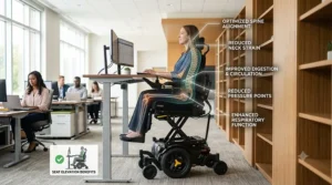 A person safely navigating a city crosswalk with improved line of sight provided by power wheelchair seat elevation.