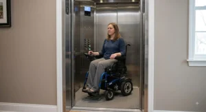 A compact power wheelchair fitting comfortably inside a narrow apartment building elevator.
