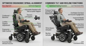 Detailed illustration showing ergonomic spinal alignment and postural support features on a tilt and recline power wheelchair.